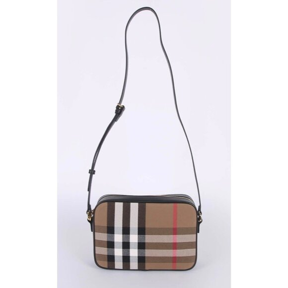 Burberry Handbags - Burberry Small Camera Check Leather Canvas Crossbody Bag Black 8085080